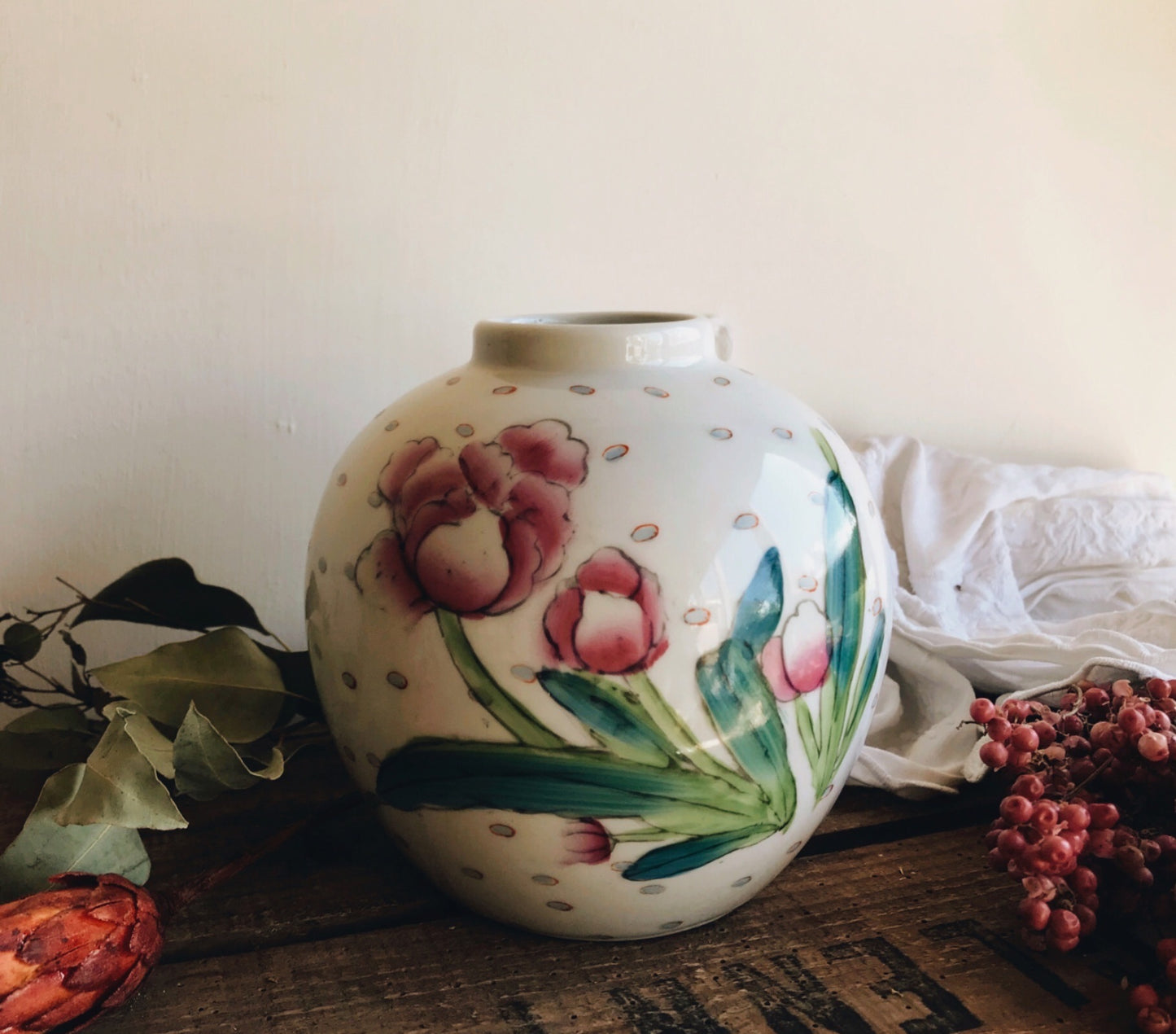 Vintage Hand~painted Pink Floral Ginger Jar