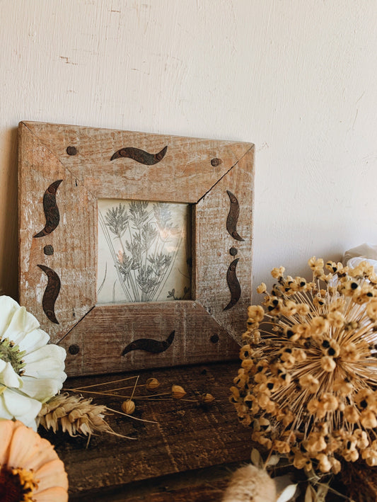Vintage Decorative Wooden Frame and Botanical Bookplate