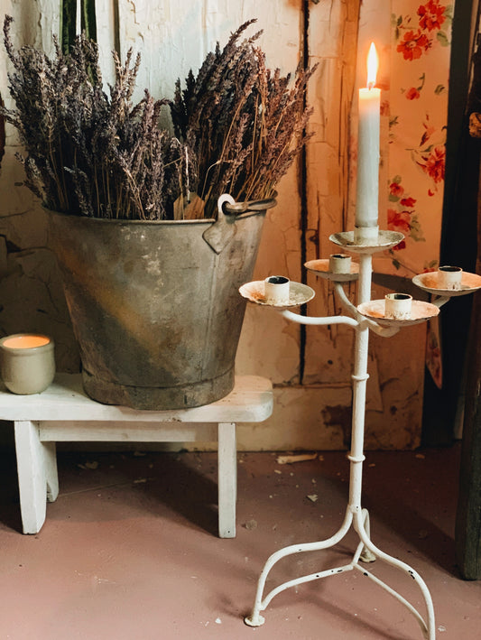 Two French Rustic Cream Cast Iron Candelabras