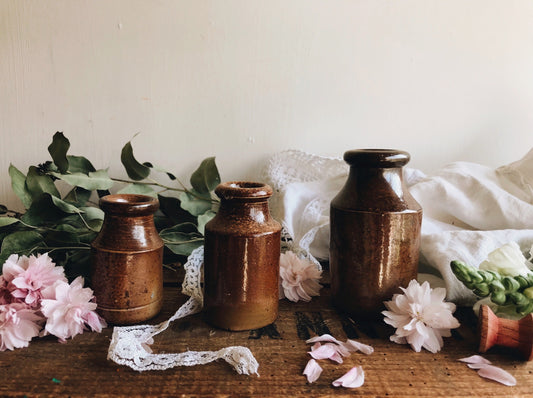 Three Vintage Salt Glaze Ink Pots - Stone & Sage 