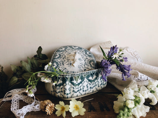 Vintage Teal Ironstone Transfer Dish with Lid - Stone & Sage 