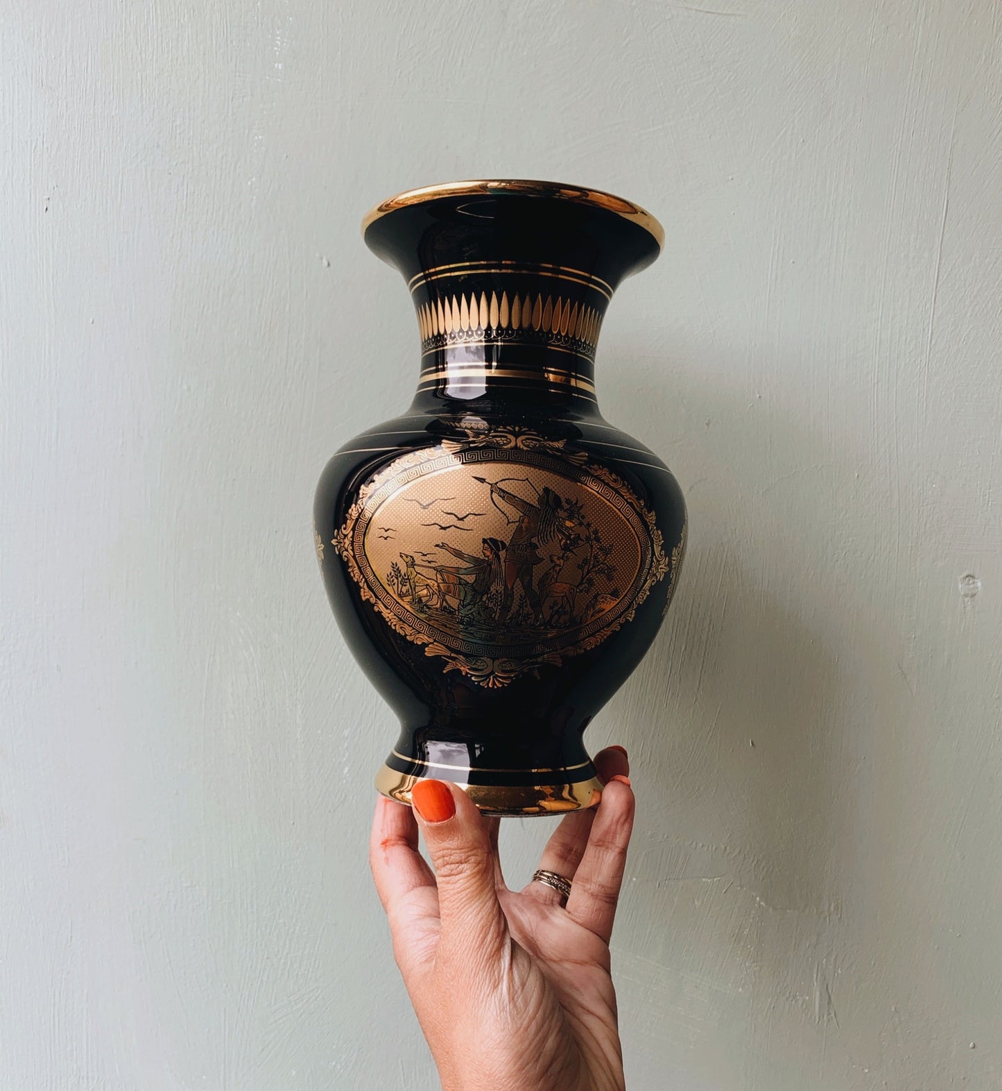 Vintage Grecian Gold & Black Narrative Vase