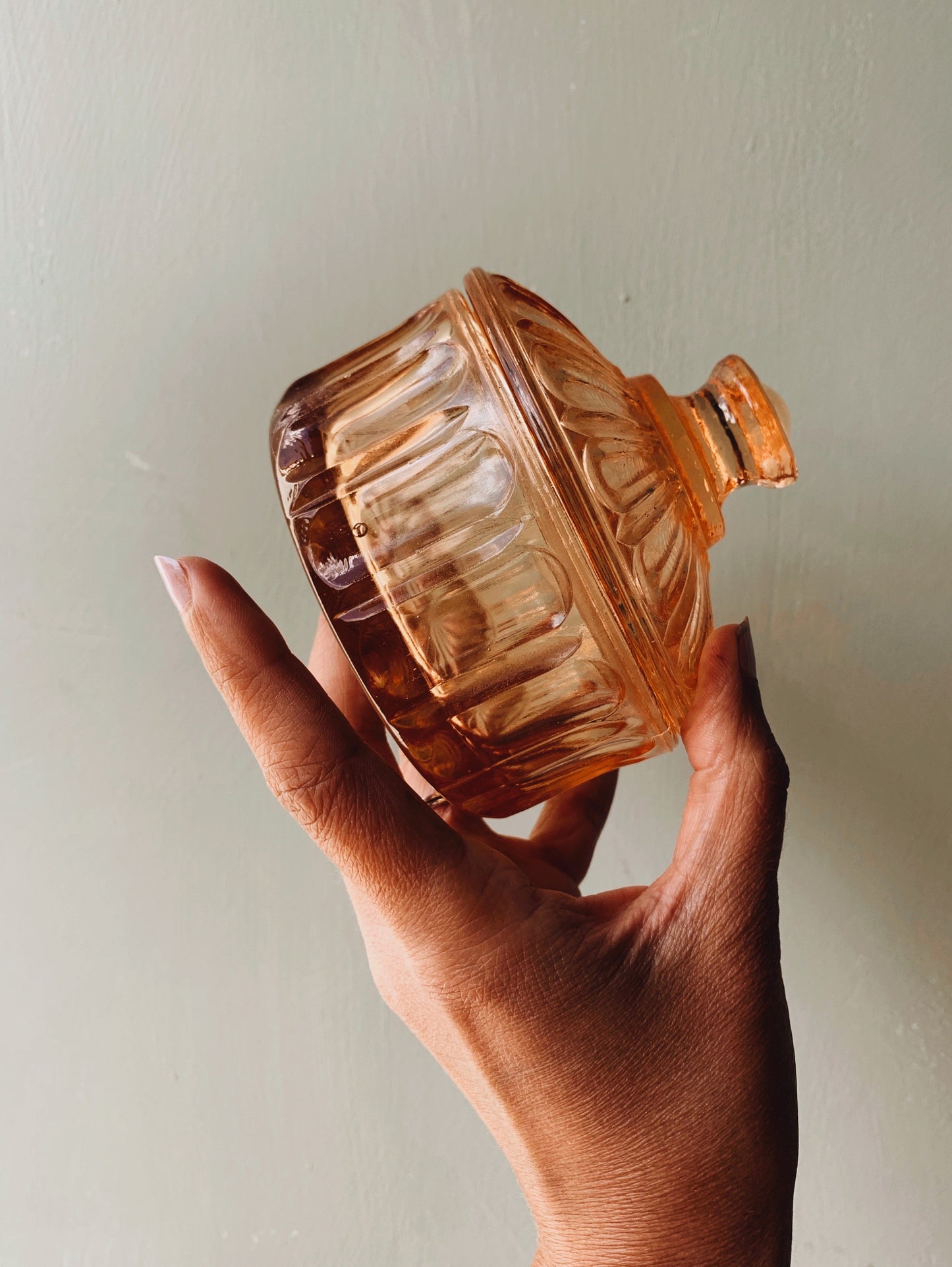 Vintage Peach Glass Vanity Pot with Lid