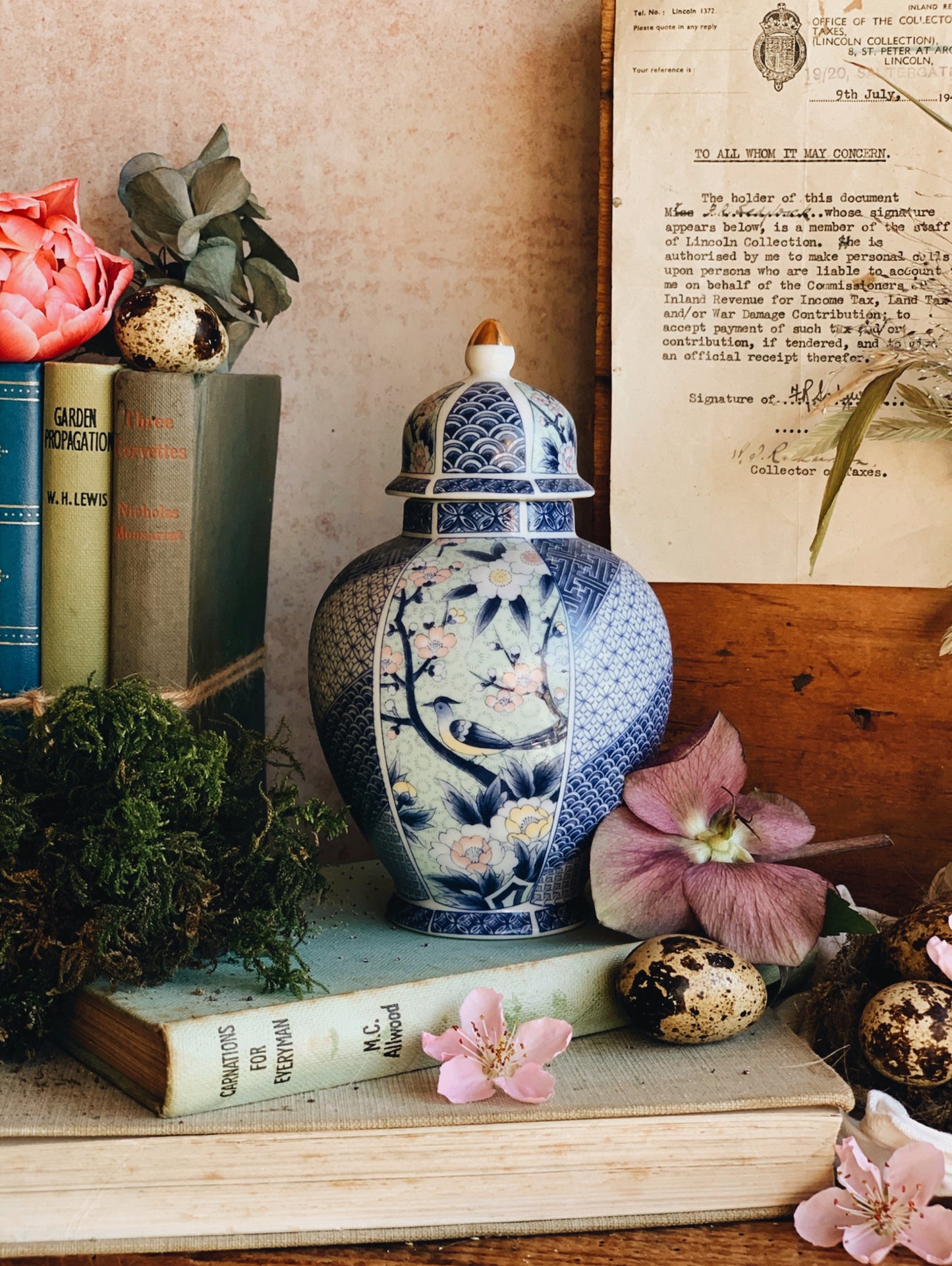 Vintage Blue & Green Floral Bird Ginger Jar