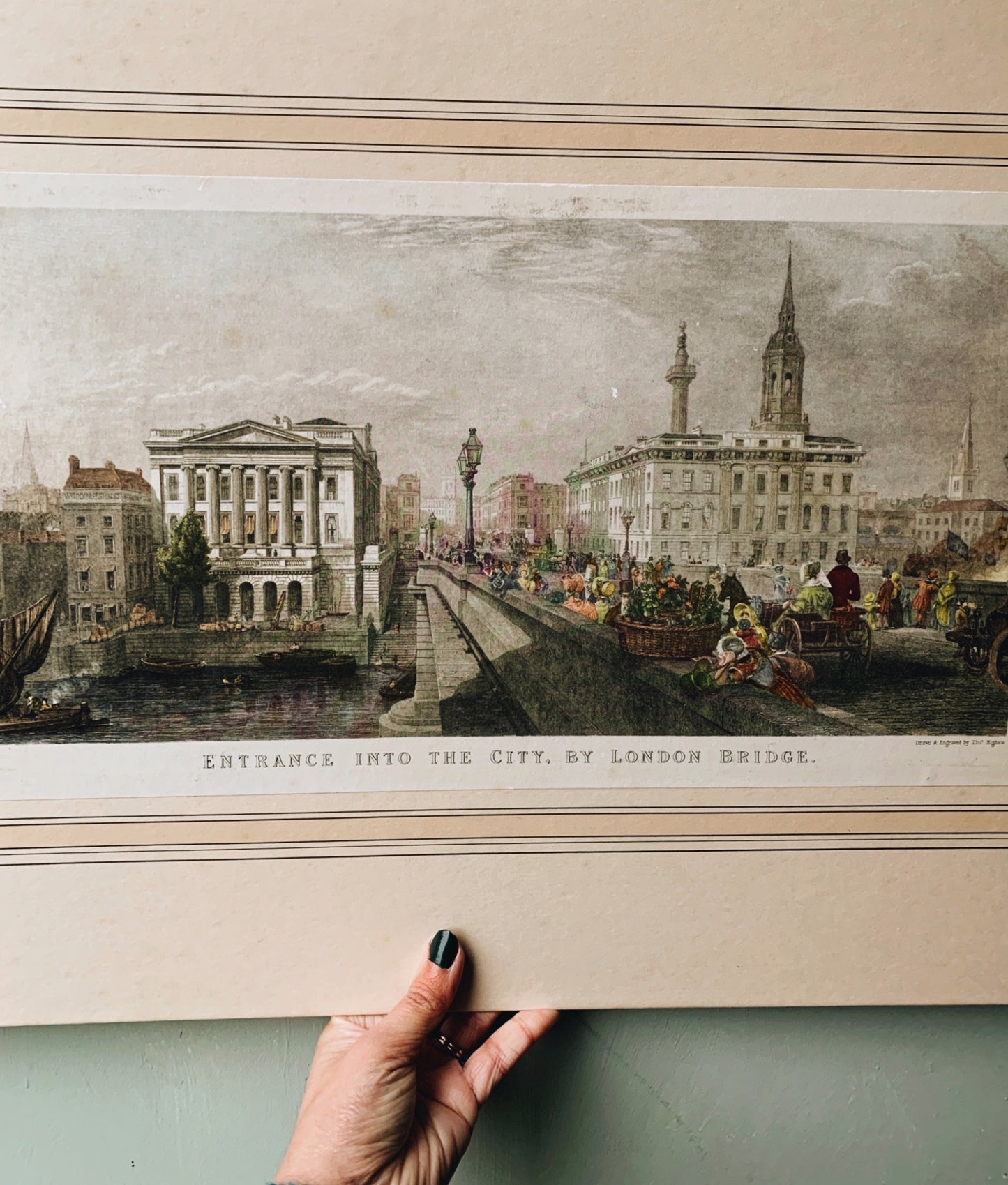 Extra Large Antique  Print ~ “entrance into the city by London Bridge” (UK shipping only)