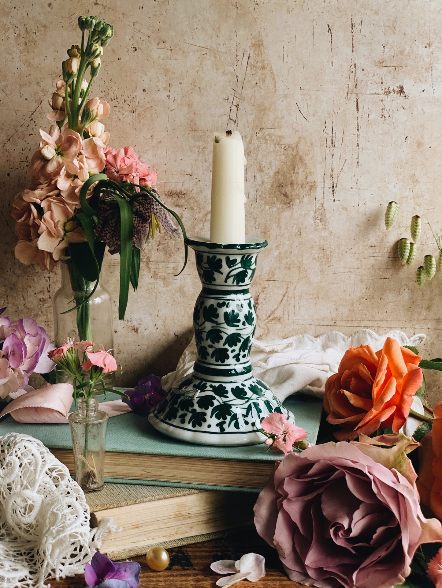 Vintage Green Botanica Ceramic Candle Stick