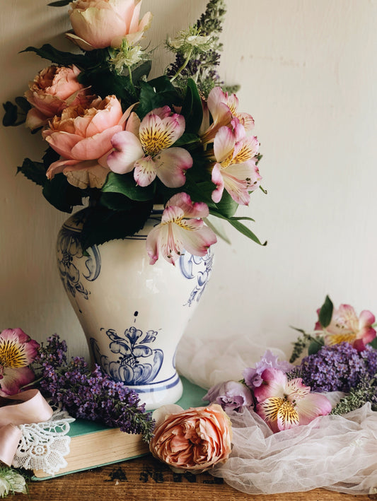 Vintage Blue & White Hand~painted Botanica Vase