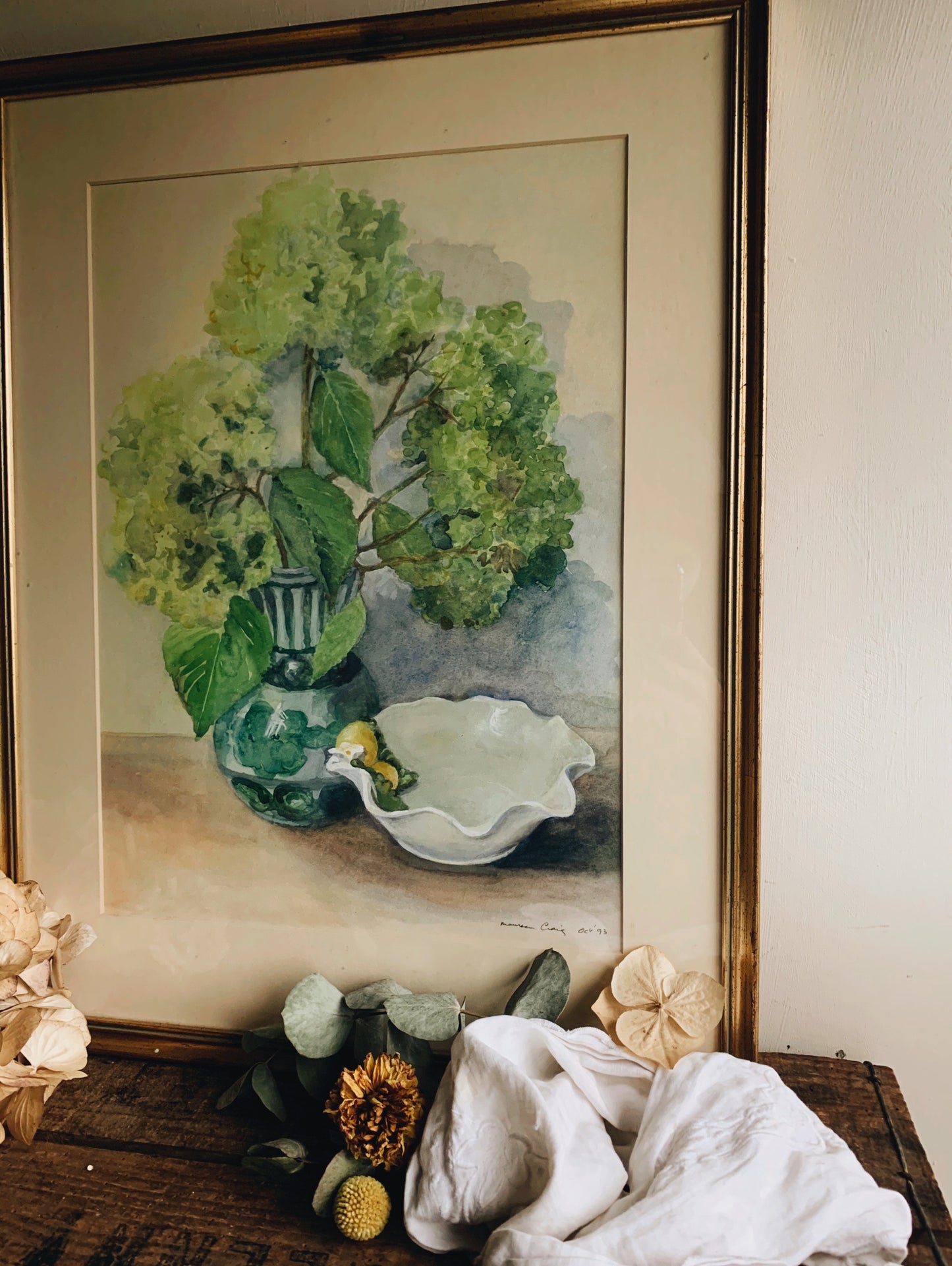Fine Art Painting Framed and Signed ~ Billowing Blooms in vase and Shell Dish (UK shipping ONLY)