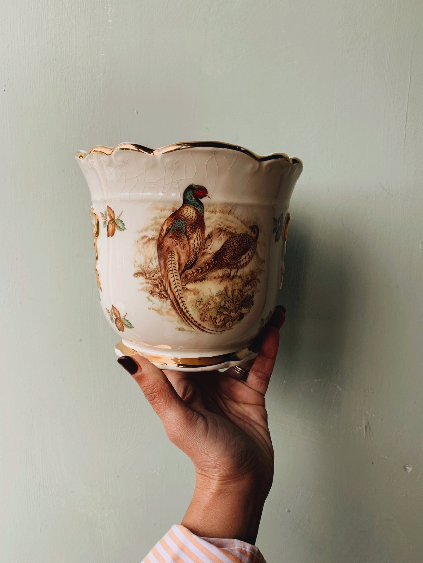 Antique Staffordshire Pheasant Gilt Adornment Plant Pot / Dish