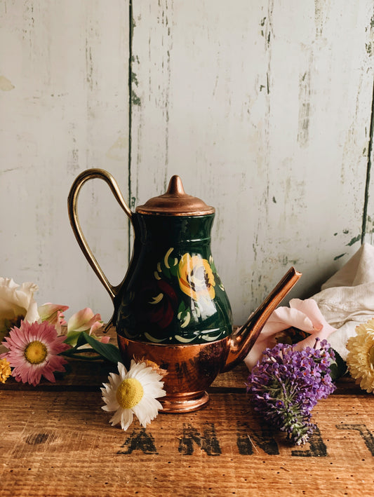 Vintage Ceramic, Enamel, Brass & Cooper Floral Folksy Teapot