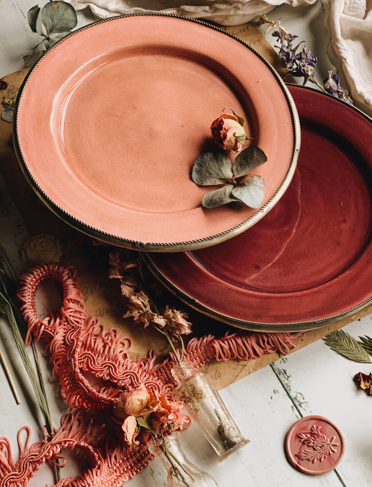 Antique Dark Pink Plate with Silver Trimming