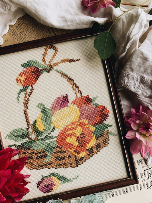 Vintage Floral Basket Embroidery Framed