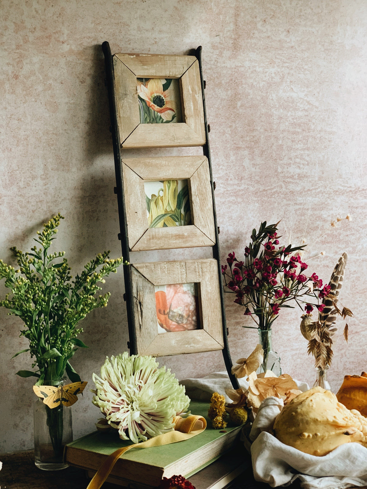 Rustic Wooden & Metal Frames with Three 1960’s Floral Book Prints (UK SHIPPING ONLY)