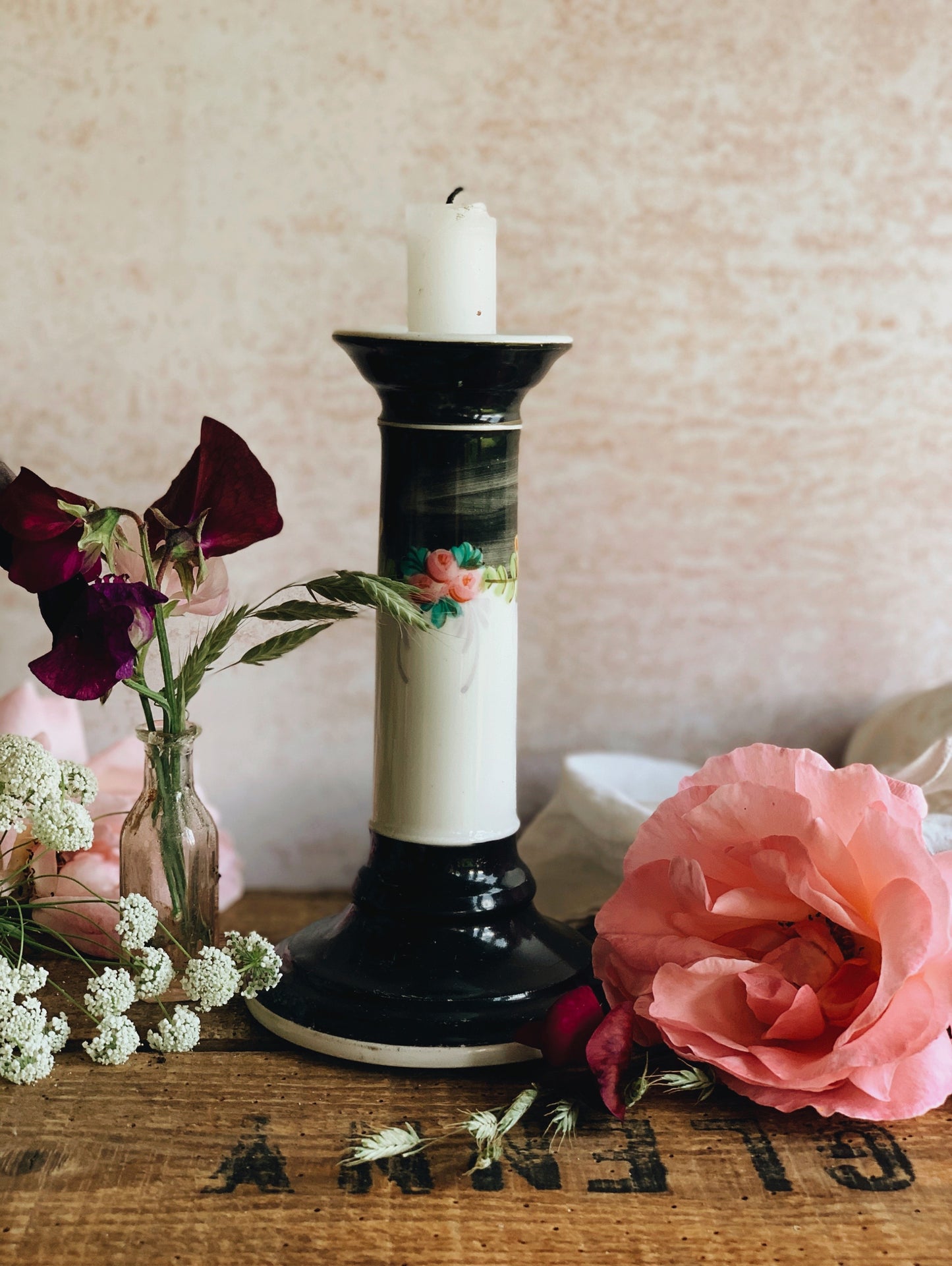 Vintage Hand~painted Black Floral Ceramic Candle Stick