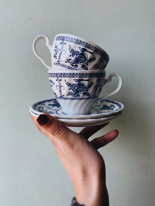 Vintage Blue Scalloped Bird & Blooms Cup and Saucer Set (two sets available)
