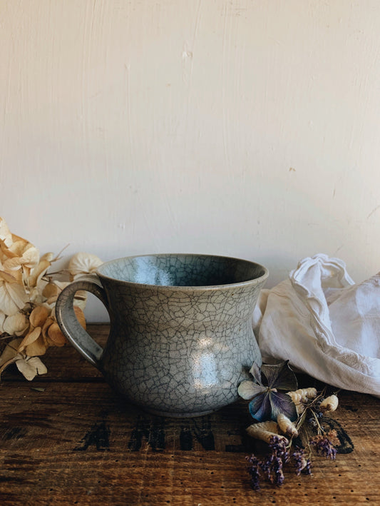 Hand~ thrown Large Rustic Crazing Grey Blue Glazed Mug