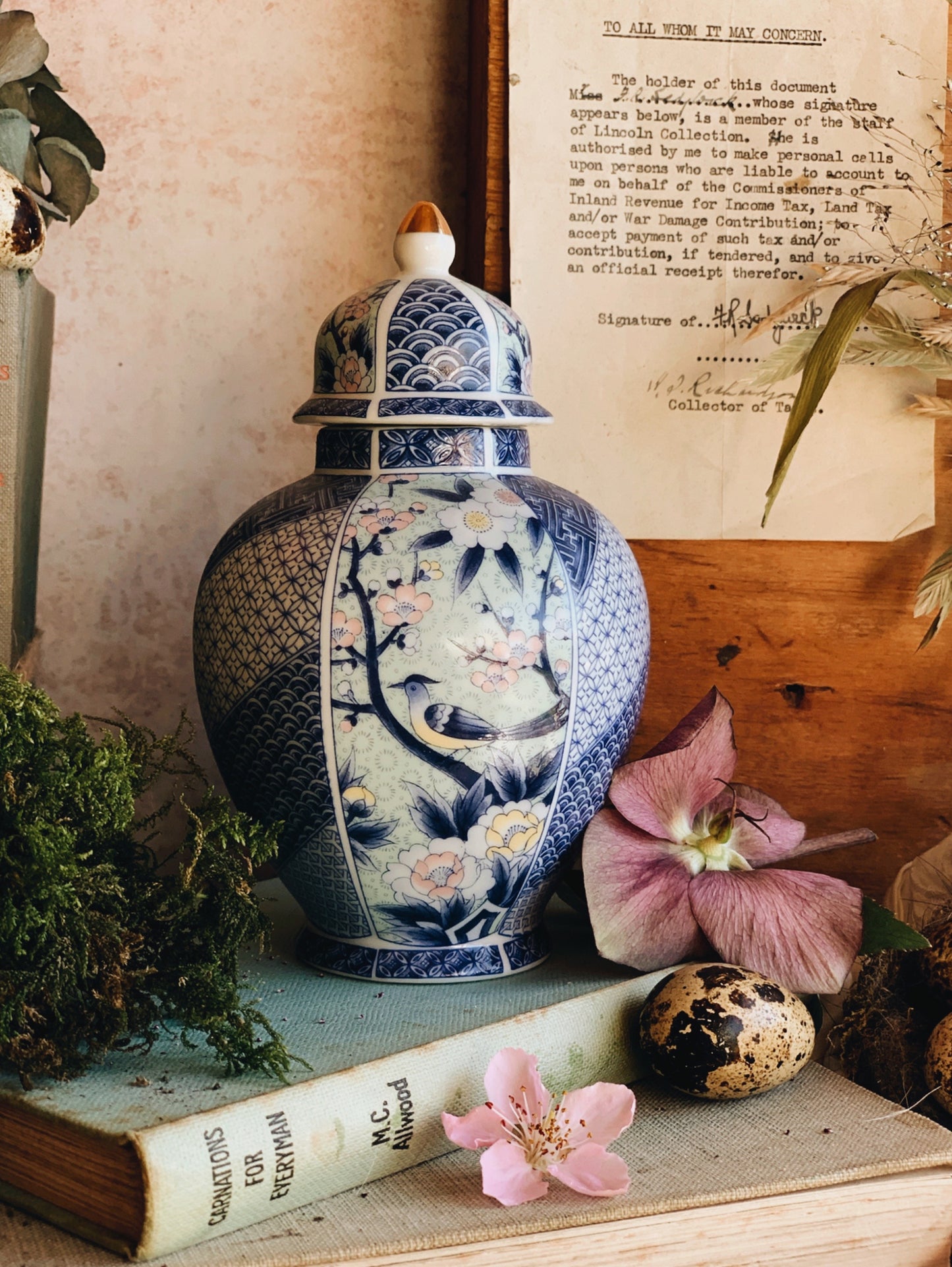Vintage Blue & Green Floral Bird Ginger Jar