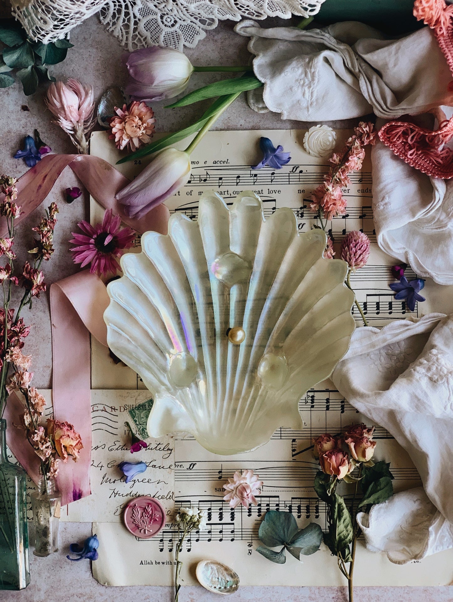 Vintage Iridescent Pearl Glass Shell Dish