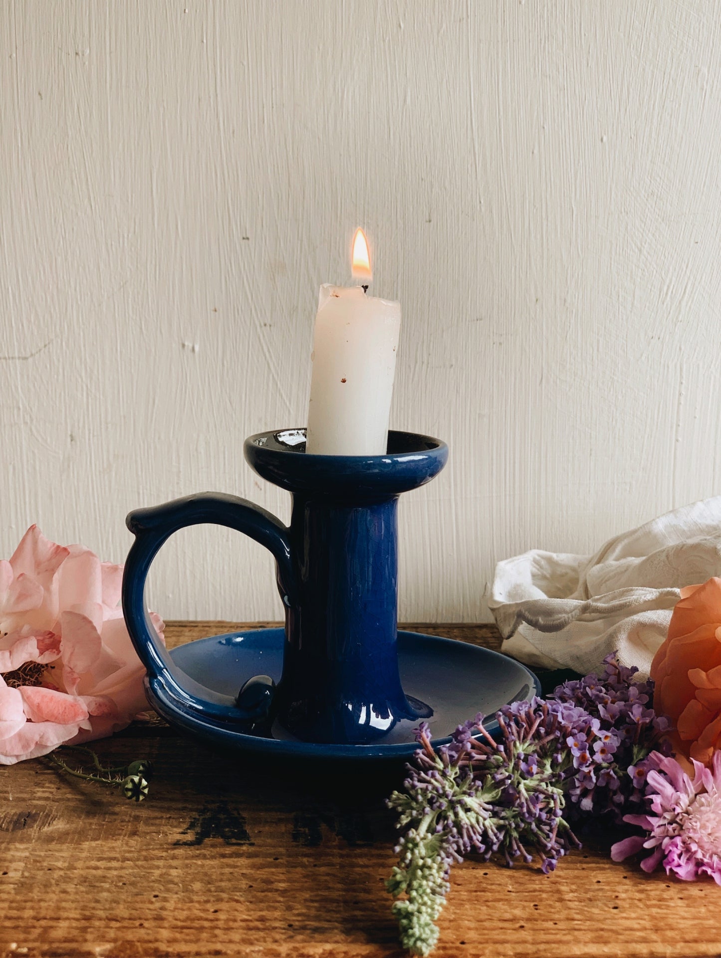 Vintage Cobalt Blue Ceramic Candle Holder