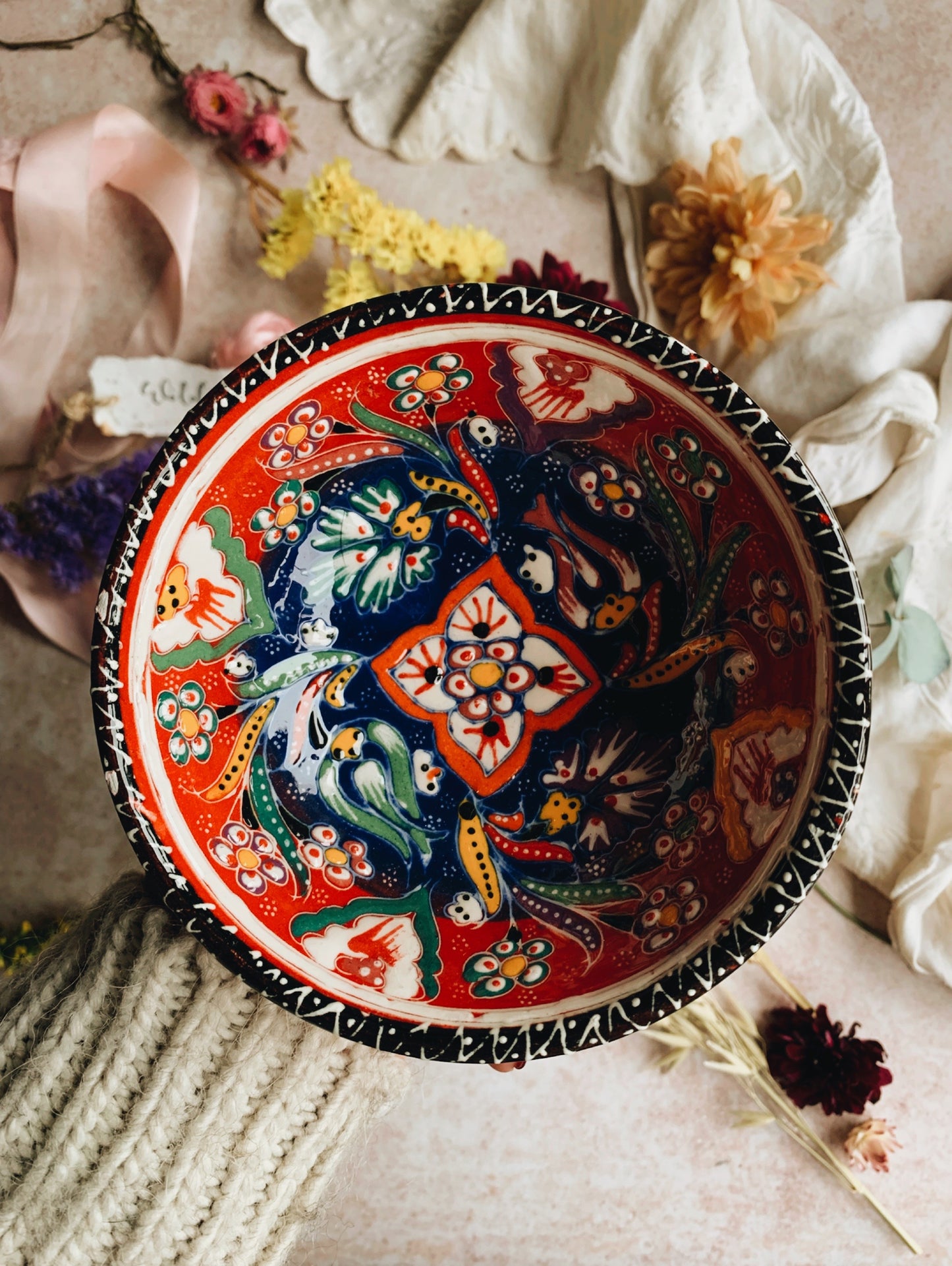 Rustic Hand~painted Floral Bowl