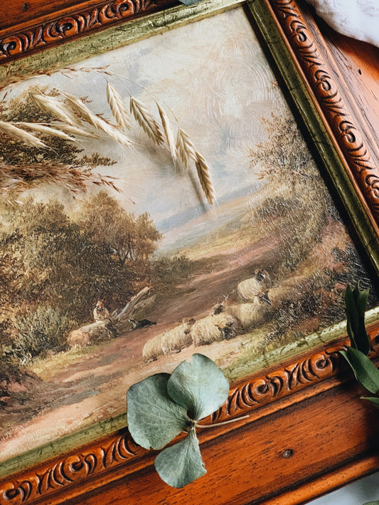 Antique Oil Painting Framed ~ Shepherding narrative in the countryside
