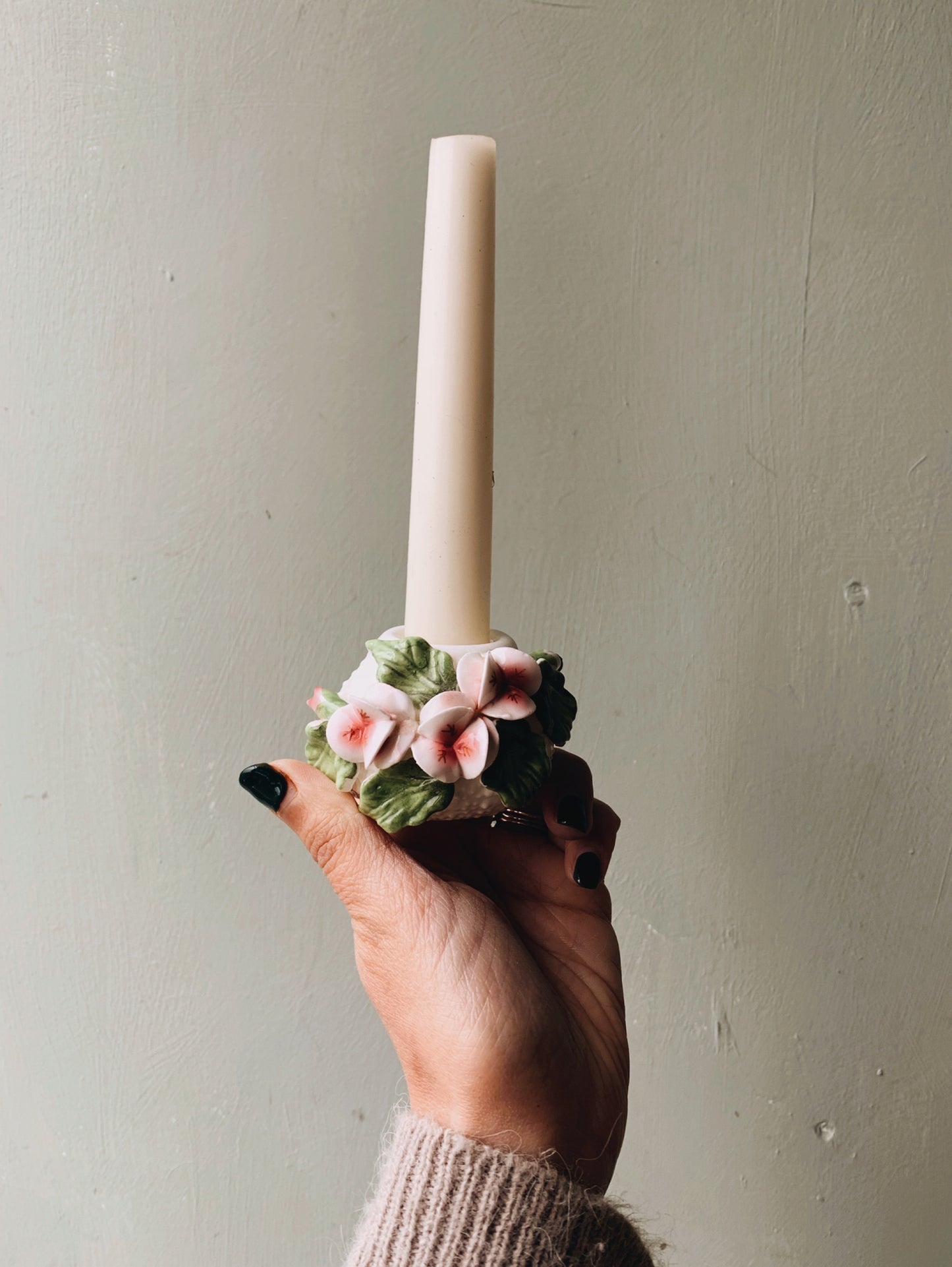 Two Vintage Rose Porcelain Candle Holders