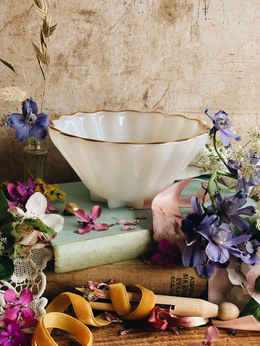 Vintage French White Glass with Gilt Detailing Scalloped Bowl