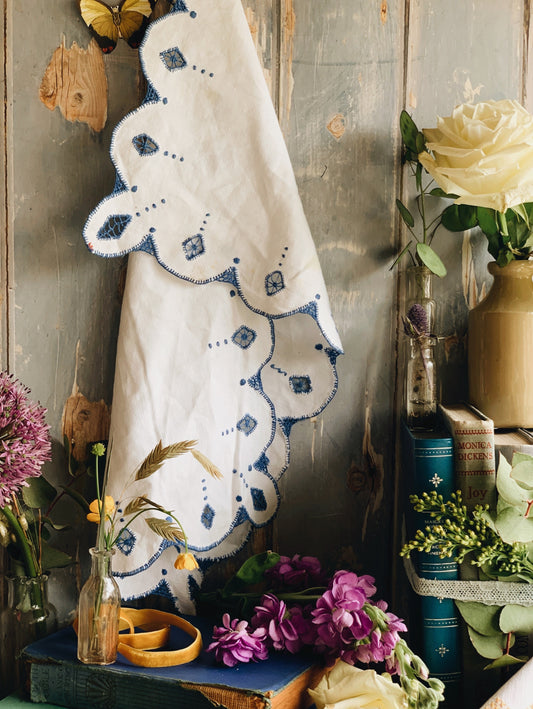 Vintage French Floral Embroidery Linen Cloth