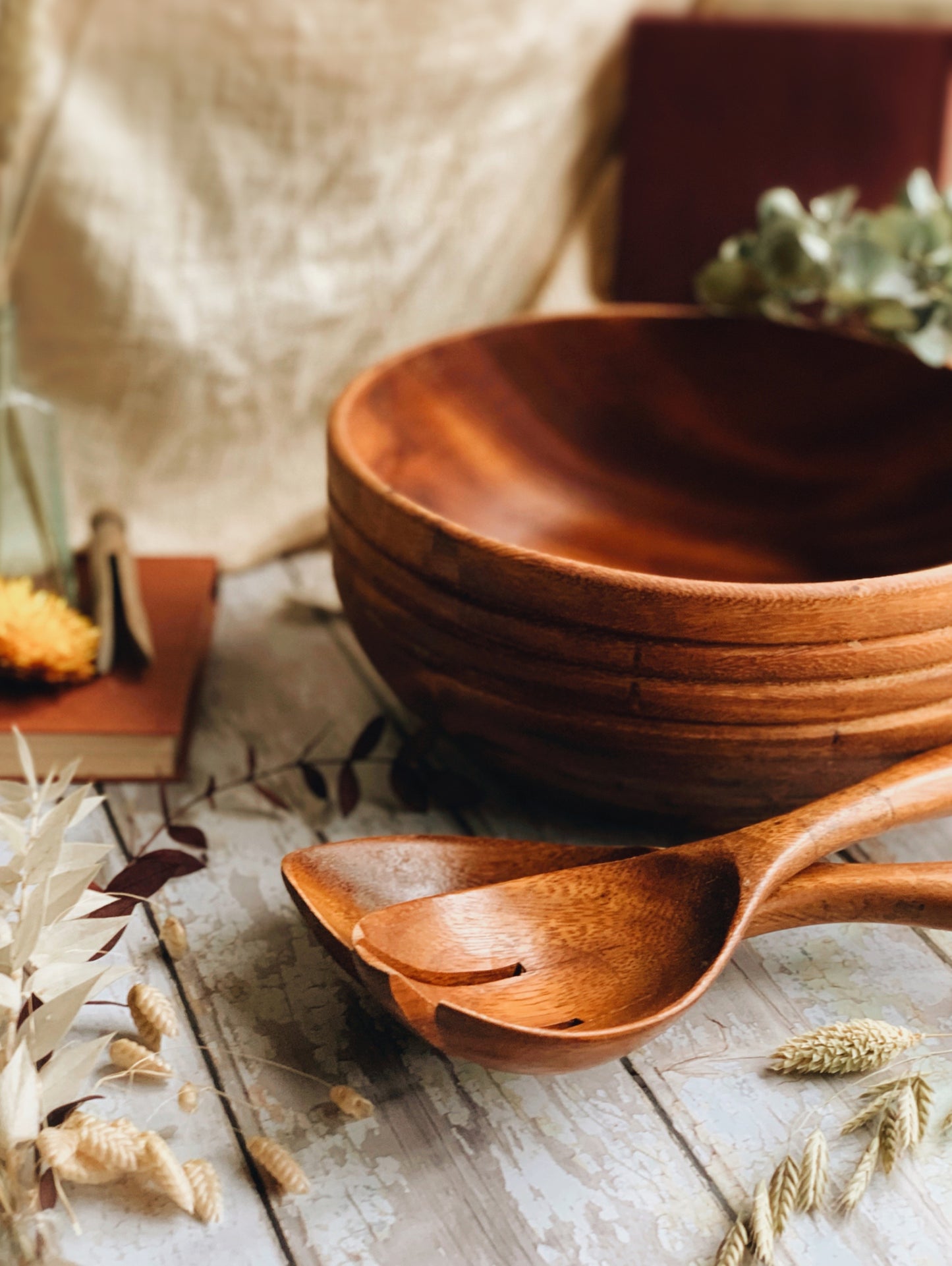 Large Rustic Wooden Bowl with Spoon & Fork (UK SHIPPING ONLY)