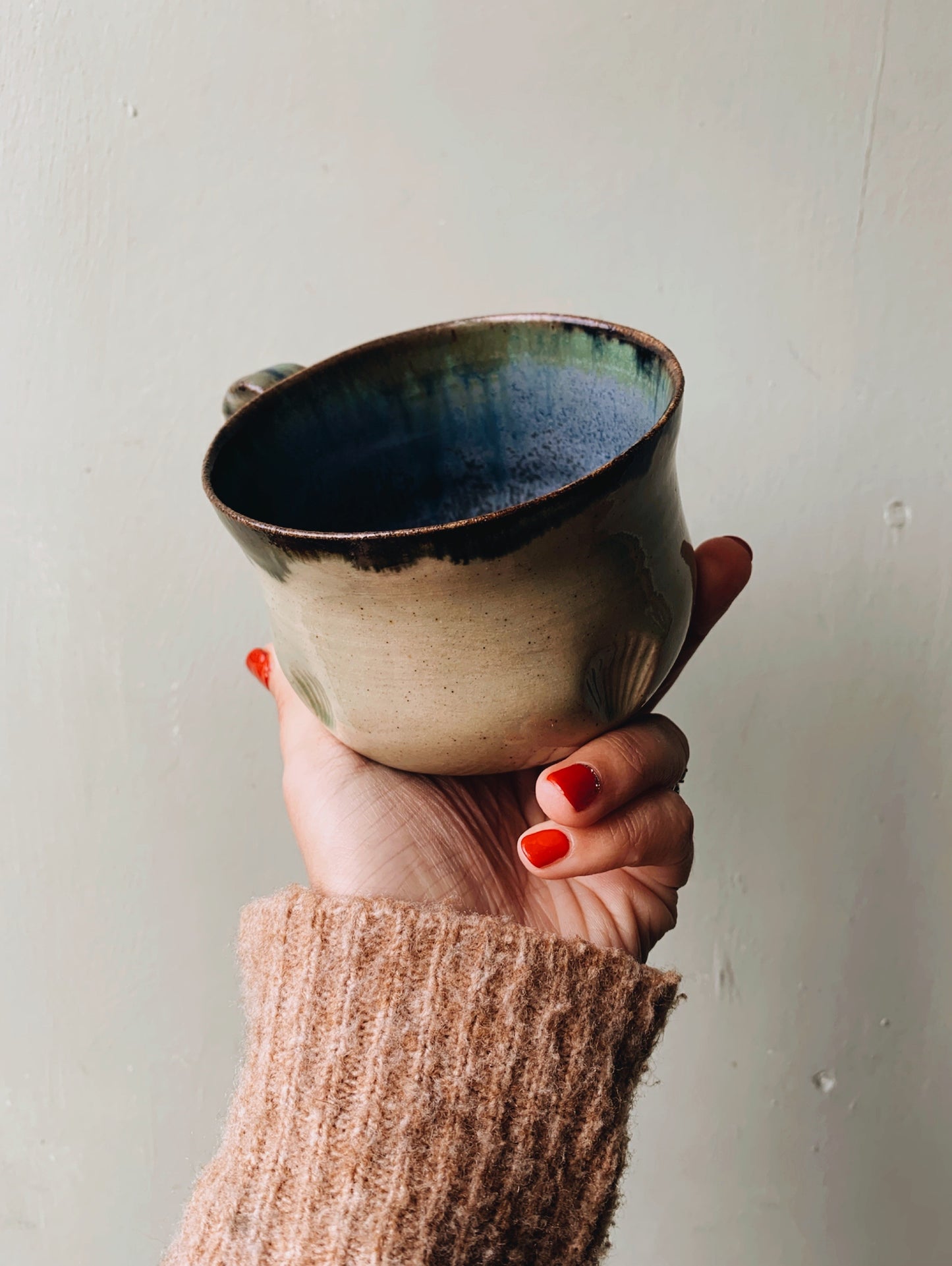 Rustic Hand~thrown Green Blue Drip Glaze