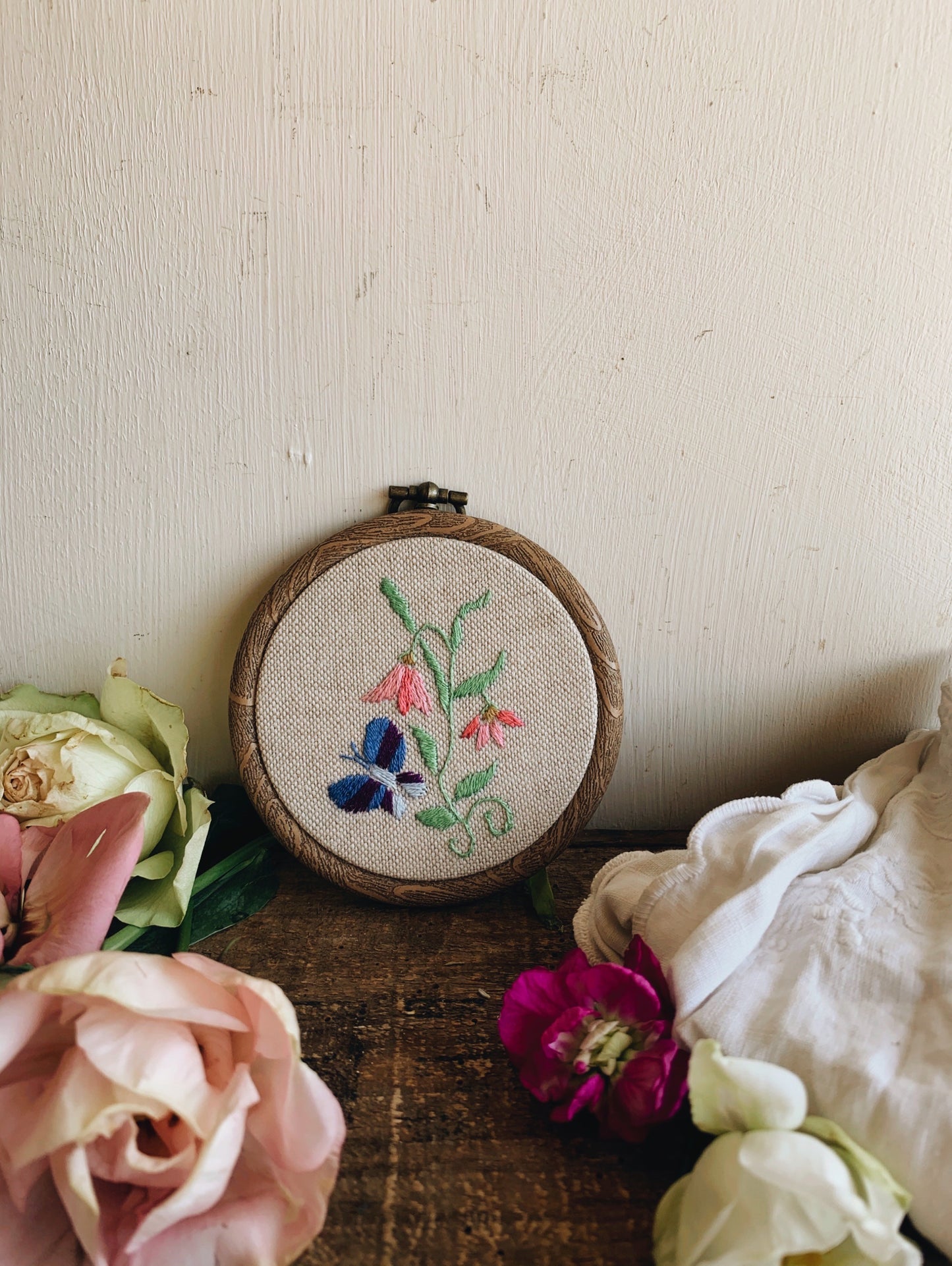 Vintage Floral and Butterfly Embroidery Hoop / Hanging