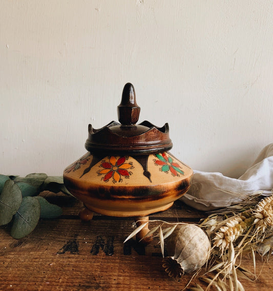 Vintage Wooden Hand~painted Pot with Lid / Legs