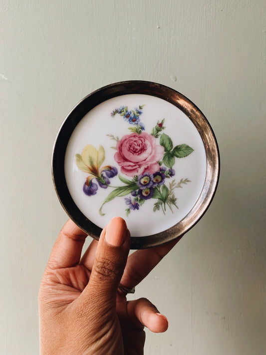 Vintage European Rose Ceramic Dish set in Silver (plated)
