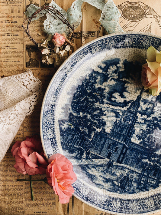 Large Antique Early 1900’s Blue Narrative Plate (UK shipping / postage only)