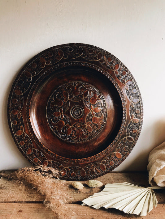 Vintage Large Hand~carved Decorative Wooden Motif Plate / Dish