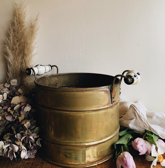 Large Antique Brass (planter) Bucket with Ceramic Floral Handles (lots of patina and rustic charm UK SHIPPING ONLY)