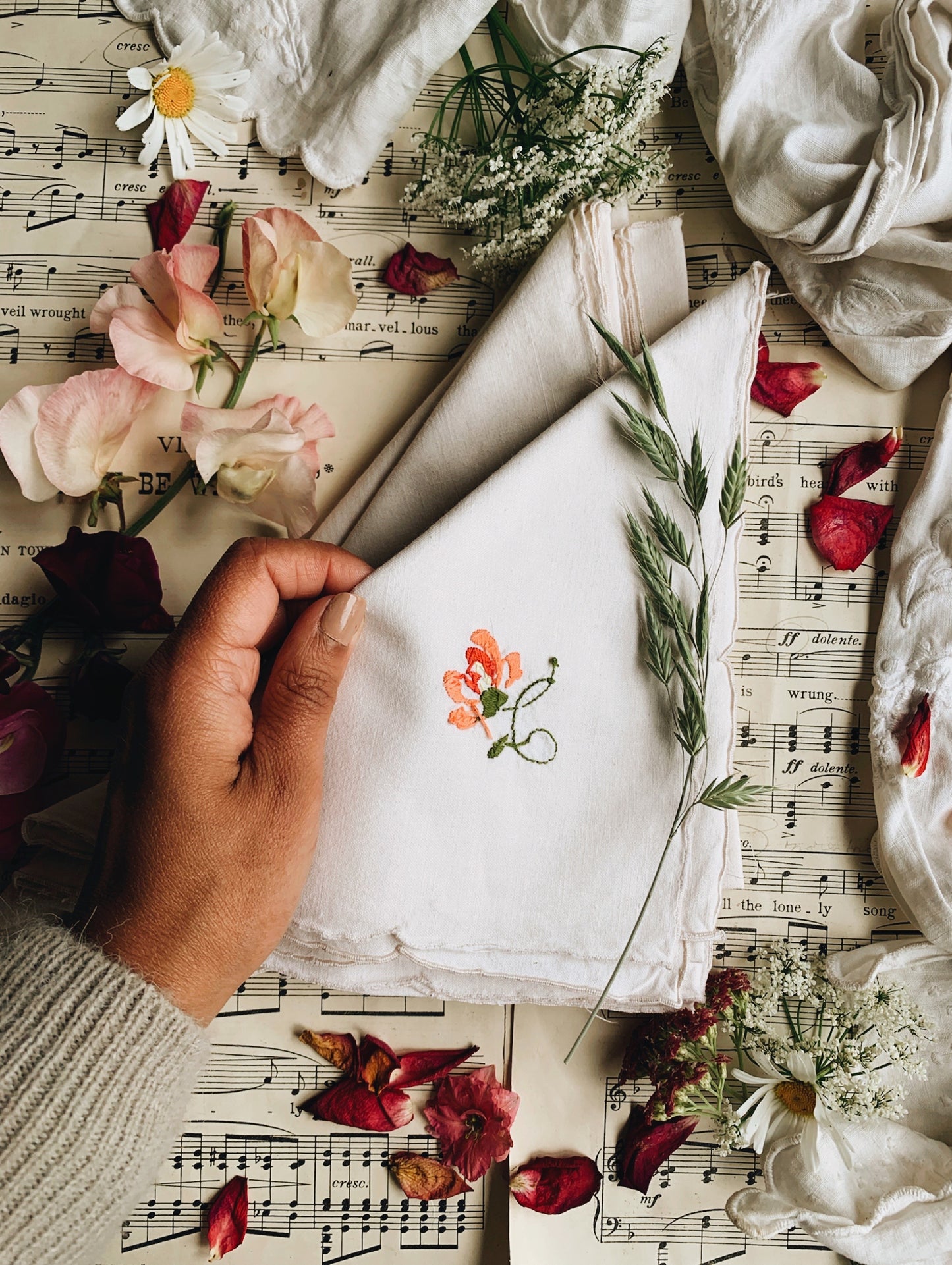 Six Vintage French Floral Hand~embroidery Napkins