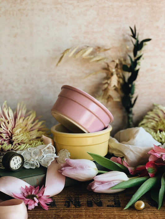 Two Kitsch Soufflé Dishes Pink & Yellow