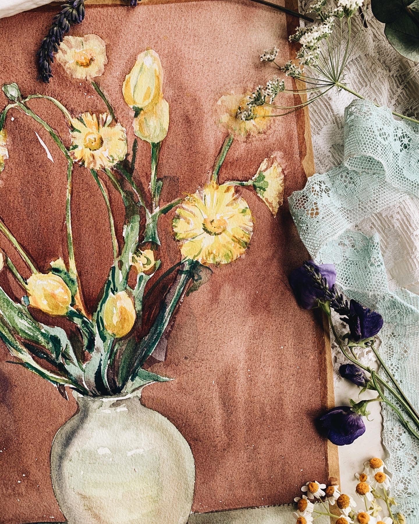 Vintage 1950’s Floral Watercolour Blooms in Vase Painting