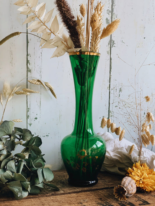 Vintage Mid-century Green with Gilt Floral Detailing Glass Vase