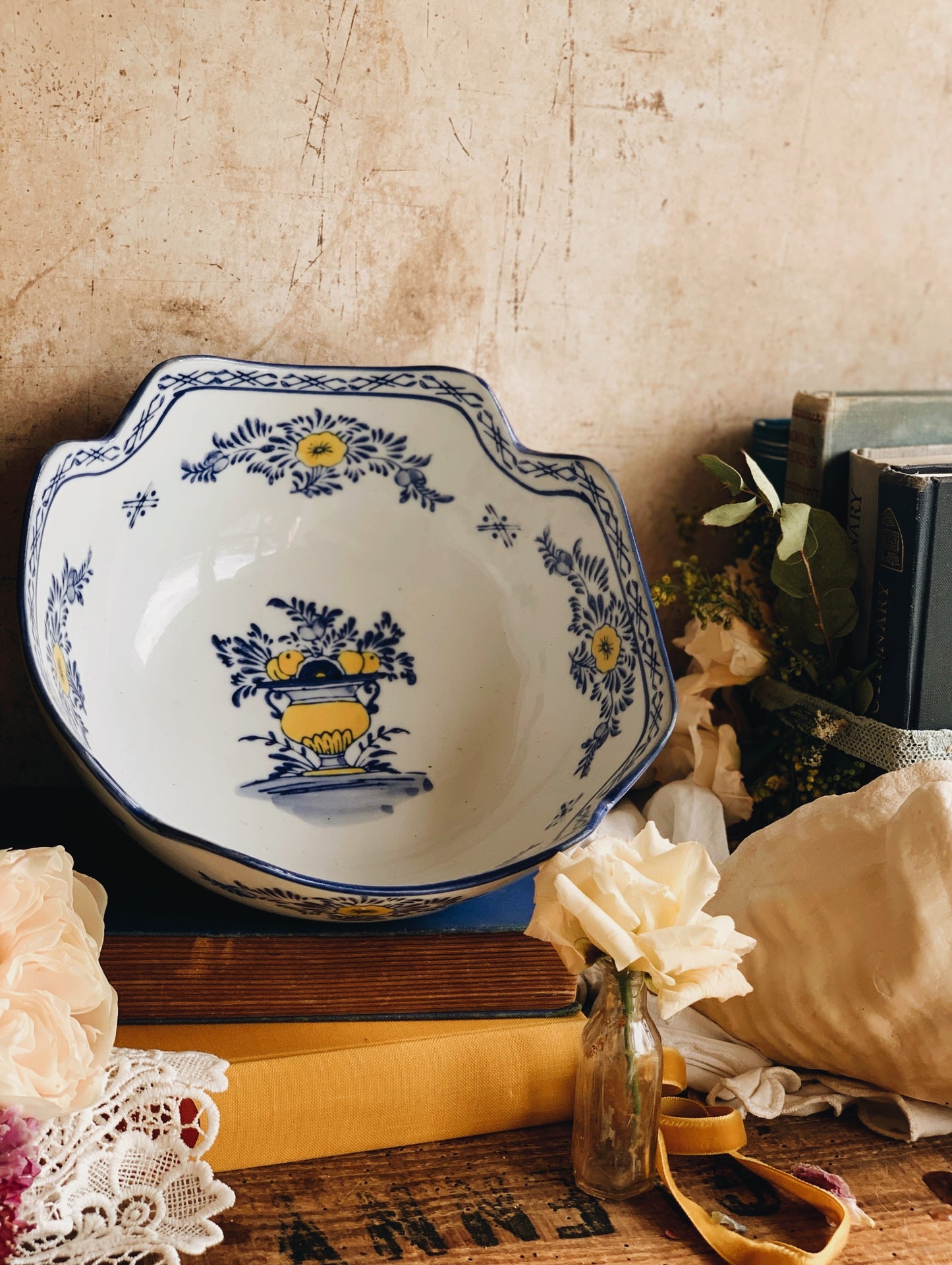 Rustic Hand~painted European Blue & Yellow Large Bowl