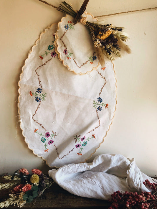 Rustic French Set of Hand~embroidery Floral Linens