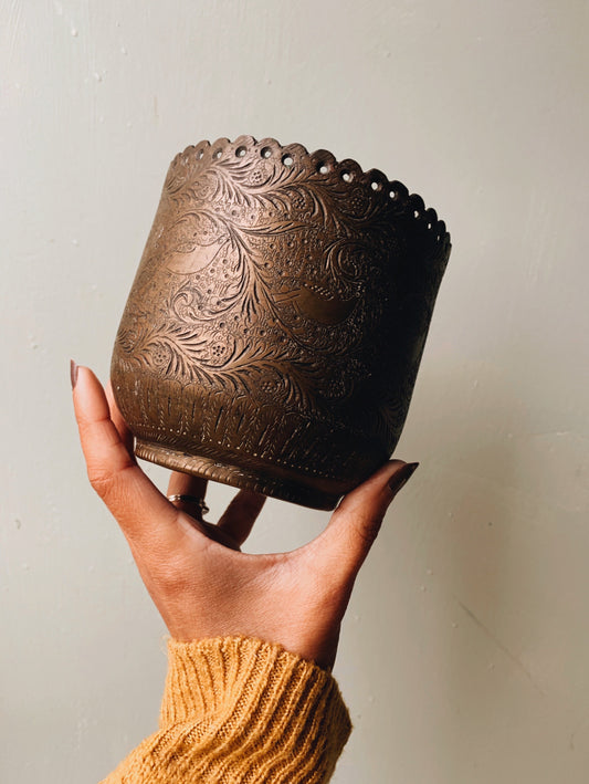 Vintage Engraved Decorative Brass Patina Planter