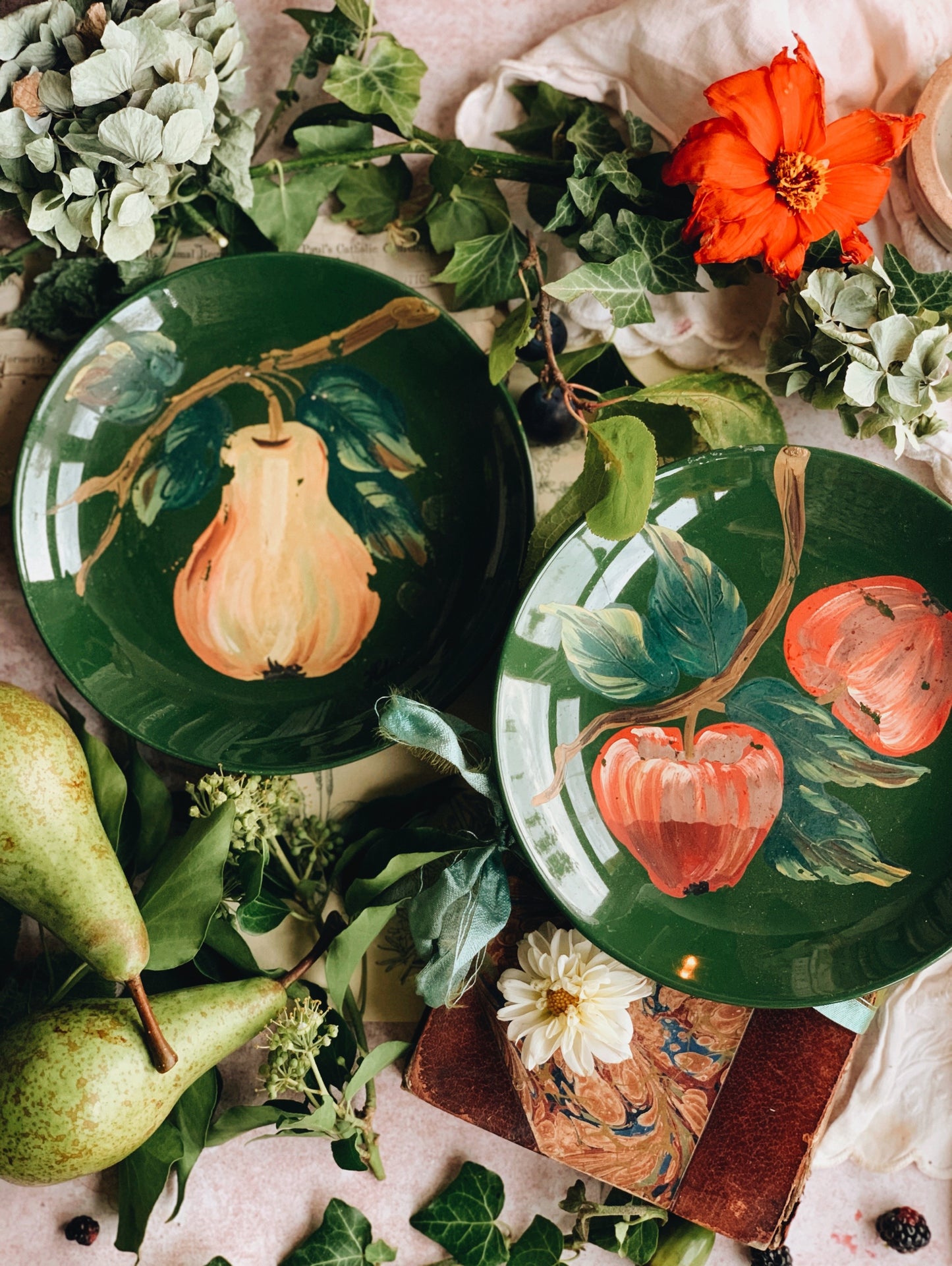 Two Vintage Rustic Hand~painted Apple & Pear Plates