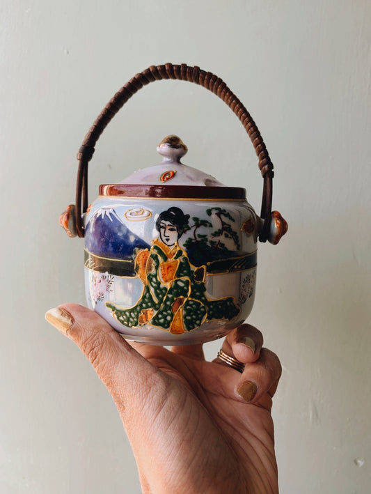 Vintage Oriental Bamboo Handle Narrative Pot (hand~painted)