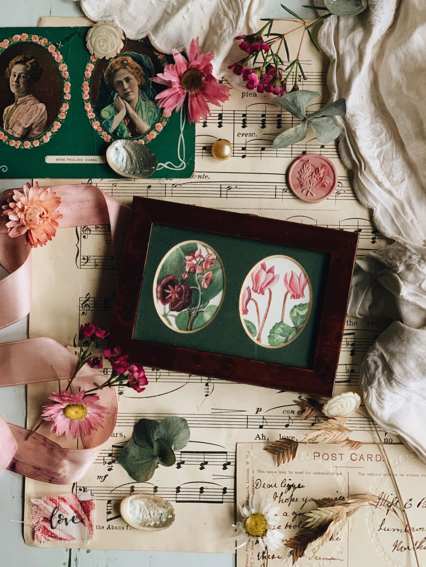 Vintage Wooden Double Framed with Two 1960’s Floral Bookplates
