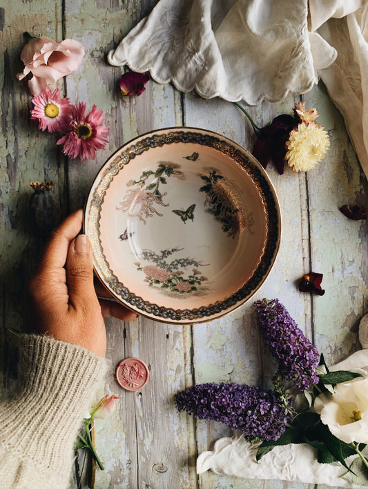 Vintage Pink / Peach Iridescent Oriental Butterfly Bowl