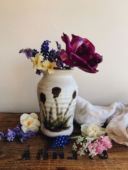 Rustic Hand~thrown White Dip Glaze with Salt Glaze floral (details)