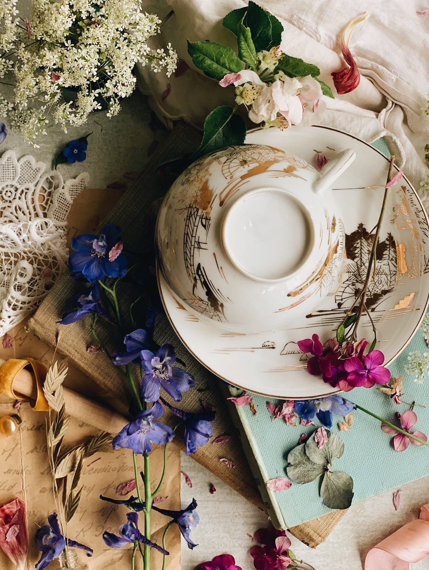 Antique Collectable Kutani China Porcelain Gold Countryside Cup & Saucer with Relief Figurine (signature design) TWO SETS available