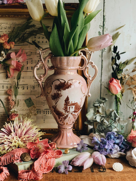 Vintage Pink Iridescent Rocco Style Narrative Vase